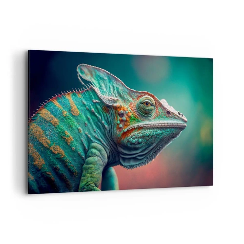 Impression sur toile - Image sur toile - Gros plan d'un caméléon aux couleurs intenses - 100x70cm - Vous me voyez? Pas bien… - Décoration murale moderne pour le salon et la chambre ARTTOR
