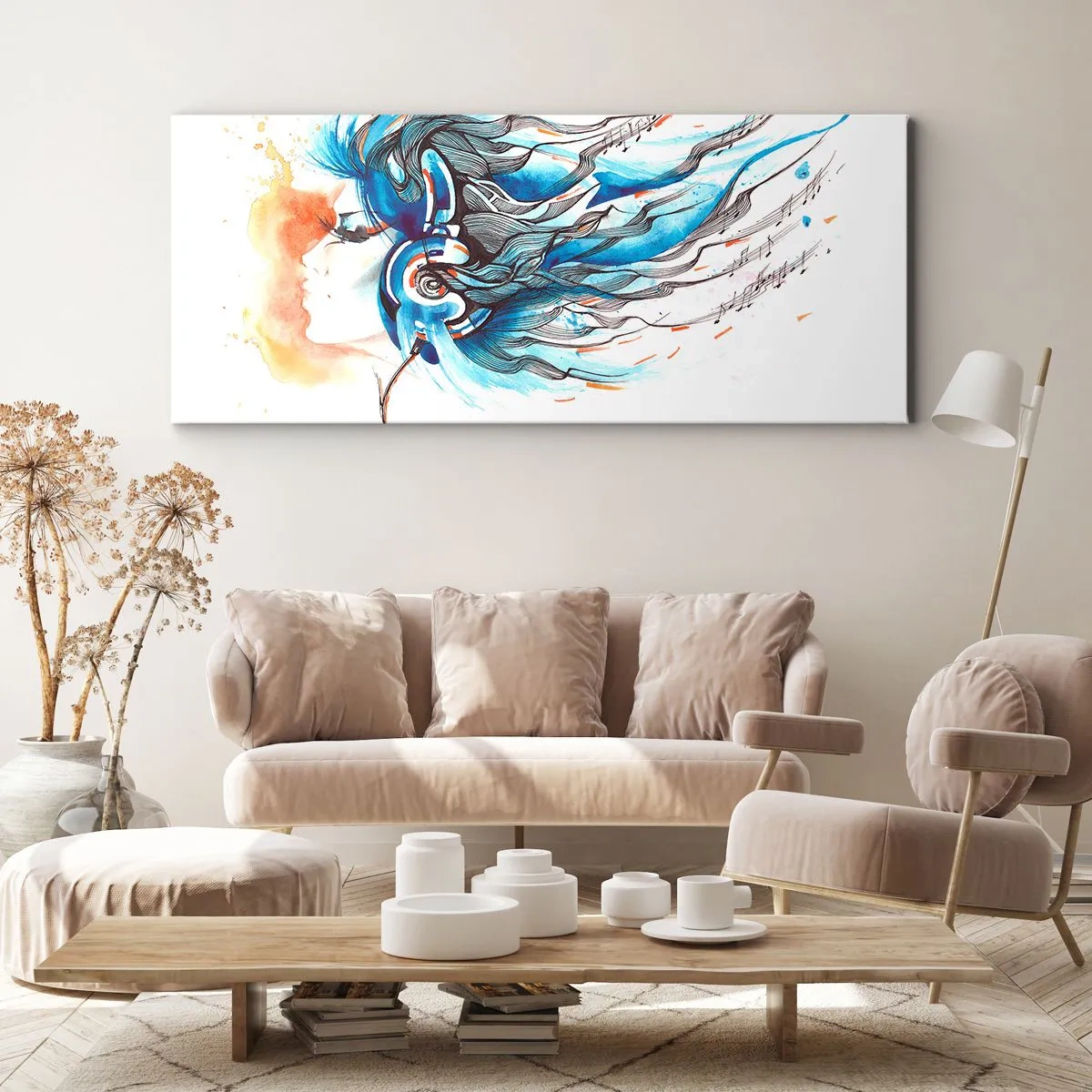 Impression sur toile - Image sur toile - Graphique artistique d'une femme portant des écouteurs avec des accents musicaux - 160x50cm - Que la musique joue - Décoration murale moderne pour le salon et la chambre ARTTOR