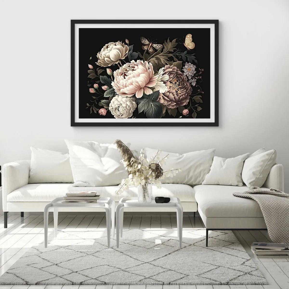 Affiche dans un cadre noir - Poster - Un bouquet de fleurs roses et de papillons sur fond noir - 70x50cm - De style baroque - Décoration murale moderne pour le salon et la chambre ARTTOR
