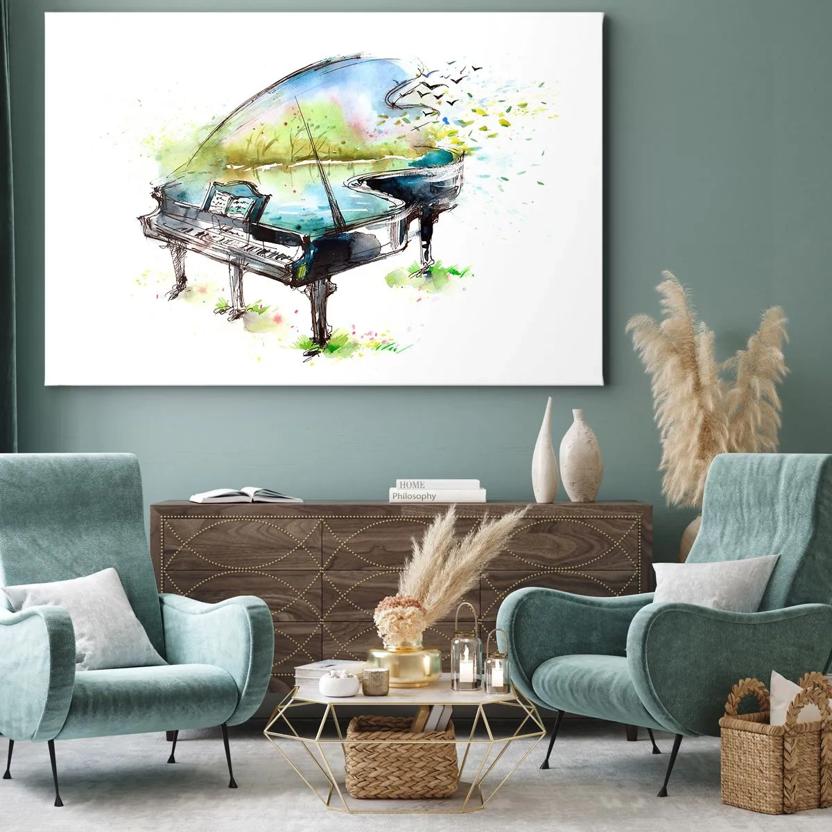 Impression sur toile - Image sur toile - Aquarelle artistique d'un piano avec la nature en arrière-plan - 100x70cm - Enchanté en musique - Décoration murale moderne pour le salon et la chambre ARTTOR