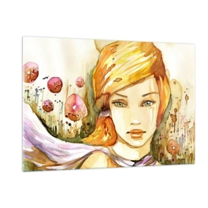 Impression sur verre - Image sur verre - Portrait d'une femme dans un style aquarelle avec abstraction - 120x80cm - Un regard émeraude qui calme la colère - Décoration murale moderne pour le salon et la chambre ARTTOR