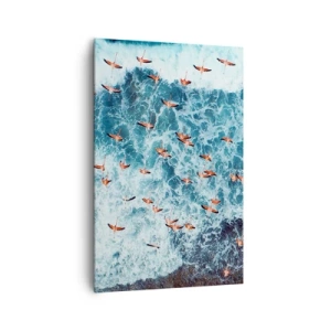 Impression sur toile - Image sur toile - Vue aérienne de flamants roses sur un océan bleu - 80x120cm - Défilé du bord de mer - Décoration murale moderne pour le salon et la chambre ARTTOR