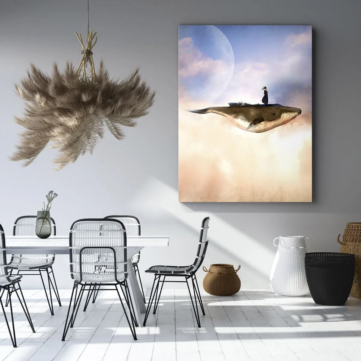 Impression sur toile - Image sur toile - Une scène fantastique d'une femme sur une baleine parmi les nuages - 70x100cm - Voyage irréel - Décoration murale moderne pour le salon et la chambre ARTTOR