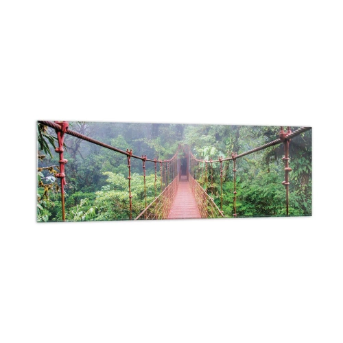 Impression sur verre - Image sur verre - Un pont suspendu dans une jungle tropicale entourée de brouillard - 160x50cm - Suspendu sur les couronnes - Décoration murale moderne pour le salon et la chambre ARTTOR