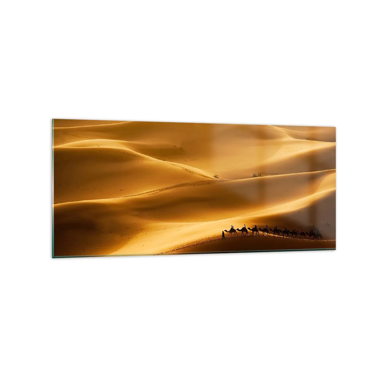 Impression sur verre - Image sur verre - Une caravane de chameaux errant à travers les dunes dorées du désert. - 120x50cm - Caravane sur les vagues du désert - Décoration murale moderne pour le salon et la chambre ARTTOR