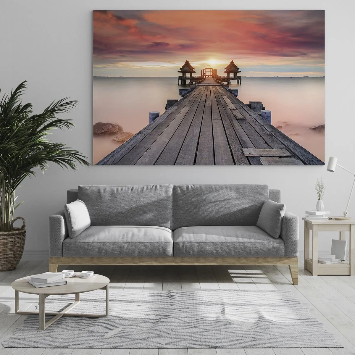 Impression sur verre - Image sur verre - Jetée en bois menant aux belvédères au bord de l'eau au coucher du soleil - 120x80cm - L'Ouest à l'Est - Décoration murale moderne pour le salon et la chambre ARTTOR