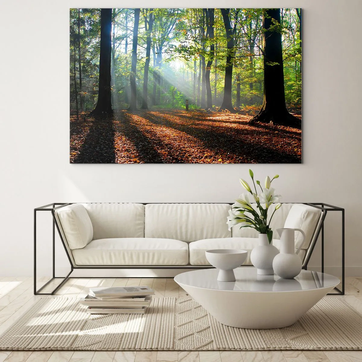 Impression sur verre - Image sur verre - Une forêt sous les rayons du soleil dans un paysage d'automne - 120x80cm - Ombres et lumières - Décoration murale moderne pour le salon et la chambre ARTTOR