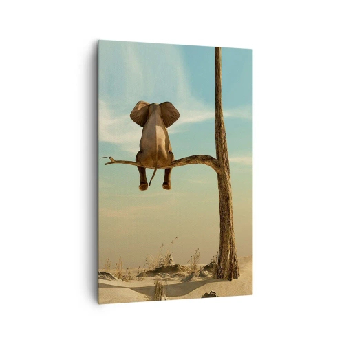 Impression sur toile - Image sur toile - Un éléphant assis sur une branche surplombant un paysage désertique - 80x120cm - Nouveau point de vue - Décoration murale moderne pour le salon et la chambre ARTTOR