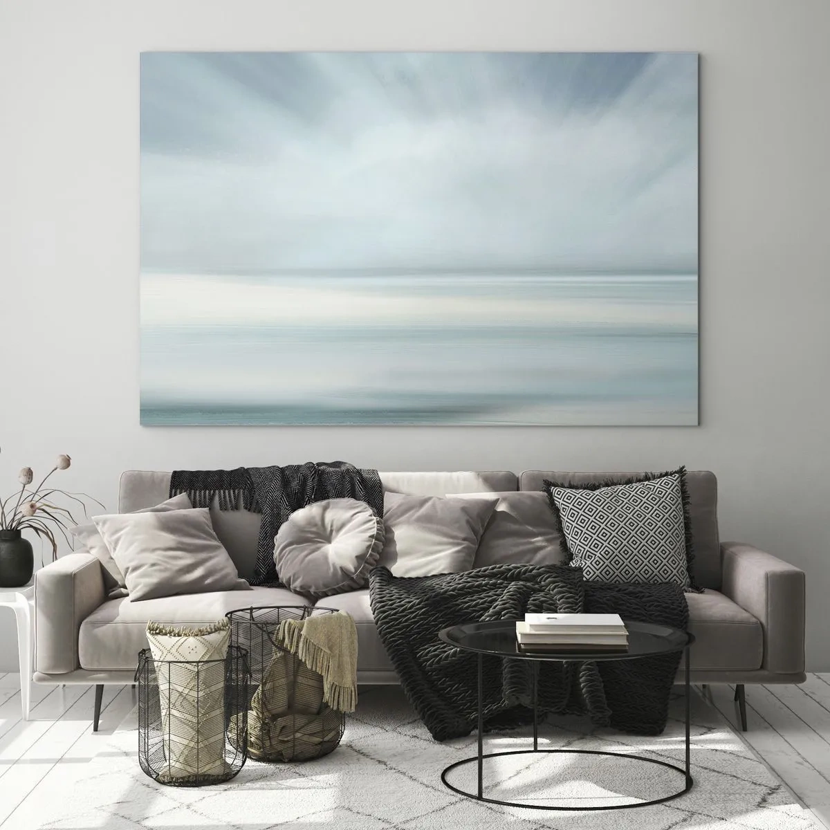 Impression sur verre - Image sur verre - Abstraction floue dans les tons de bleu, blanc et gris - 70x50cm - Paix à l'horizon - Décoration murale moderne pour le salon et la chambre ARTTOR