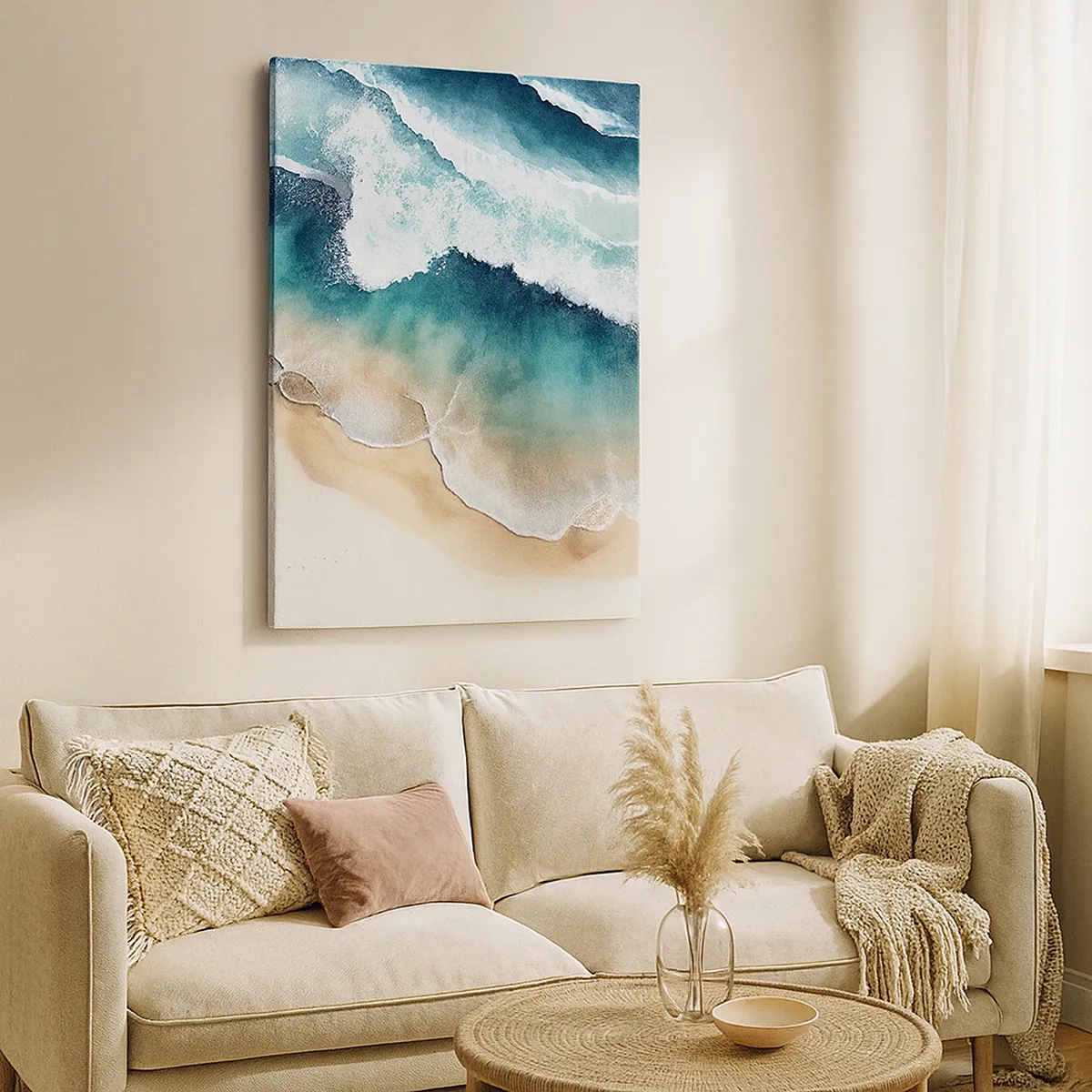 Impression sur toile - Image sur toile - Vue sur la plage et les vagues de la mer dans des tons turquoise - 50x70cm - La rencontre éternelle - Décoration murale moderne pour le salon et la chambre ARTTOR