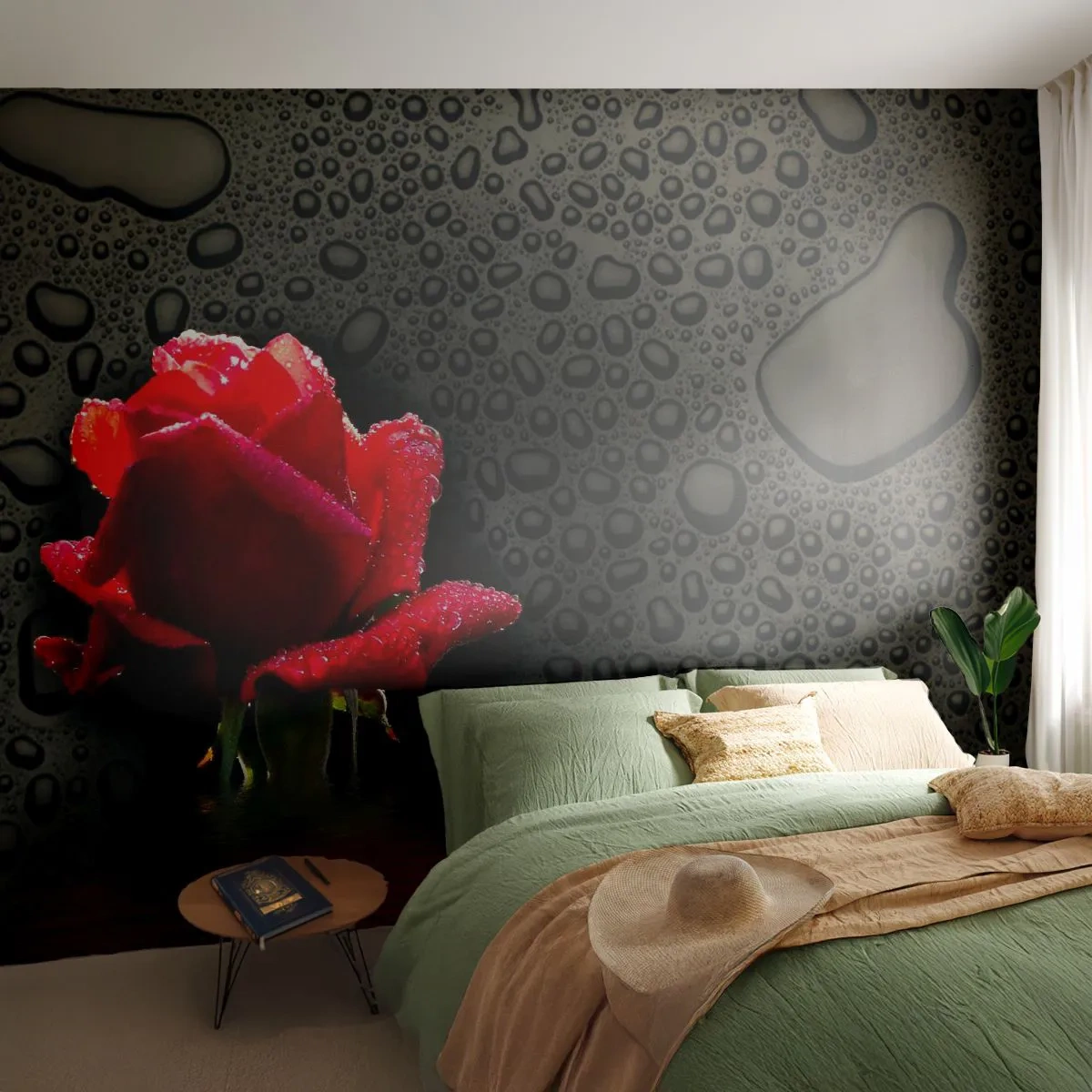 Papier Peint Autocollant Deluxe Sticker - Rouge et noir - Fleurs, Rose, Eau - 250x175 cm