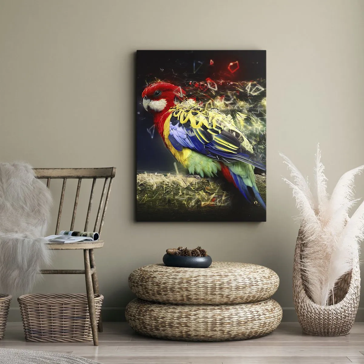 Impression sur toile - Image sur toile - Un perroquet aux couleurs vives sur un fond d'effets de lumière - 50x70cm - Messager d'éclat - Décoration murale moderne pour le salon et la chambre ARTTOR
