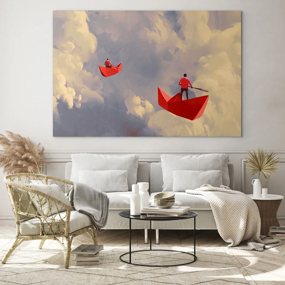 Impression sur verre - Image sur verre - Deux personnes dans des bateaux rouges contre un ciel nuageux - 100x70cm - Expédition des Rêveurs - Décoration murale moderne pour le salon et la chambre ARTTOR
