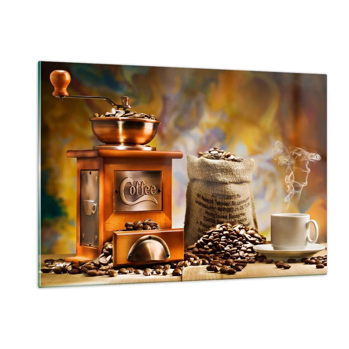 Impression sur verre - Image sur verre - Moulin à café, grains et une tasse sur une table en bois - 120x80cm - Le craquement des grains, le cliquetis d'un moulin - Décoration murale moderne pour le salon et la chambre ARTTOR