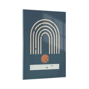 Impression sur verre - Image sur verre - Motif géométrique dans les tons bleu marine, beige et orange sur fond sombre - 80x120cm - Géométrie sur la grenade - Décoration murale moderne pour le salon et la chambre ARTTOR