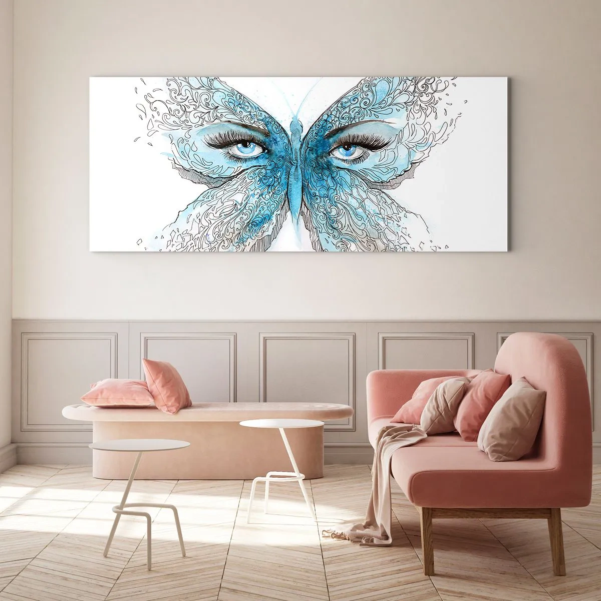 Impression sur verre - Image sur verre - Aquarelle artistique d'un papillon aux yeux bleus - 160x50cm - Mésange bleue Eros - Décoration murale moderne pour le salon et la chambre ARTTOR