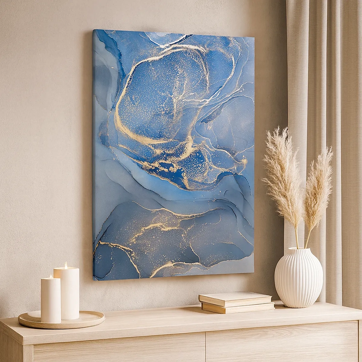Impression sur toile - Image sur toile - Motifs bleus abstraits avec des accents dorés - 50x70cm - Poussière d'or - Décoration murale moderne pour le salon et la chambre ARTTOR
