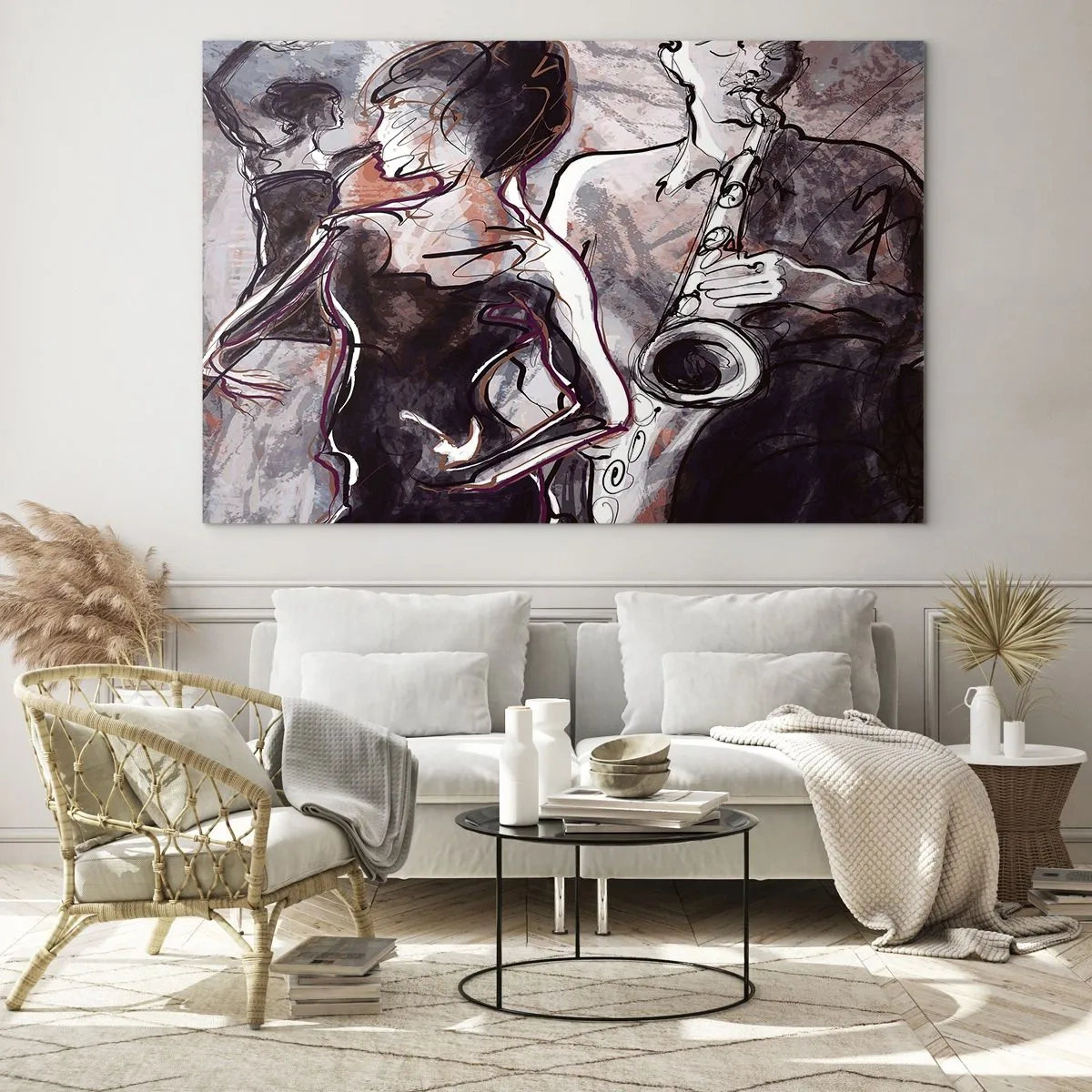 Impression sur verre - Image sur verre - Des danseurs et un saxophoniste dans un style de croquis artistique - 70x50cm - Ne faire qu'un avec la musique - Décoration murale moderne pour le salon et la chambre ARTTOR