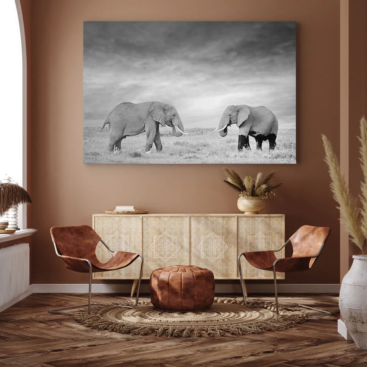 Impression sur toile - Image sur toile - Deux éléphants sur fond de savane africaine - 100x70cm - Le gris est beau - Décoration murale moderne pour le salon et la chambre ARTTOR