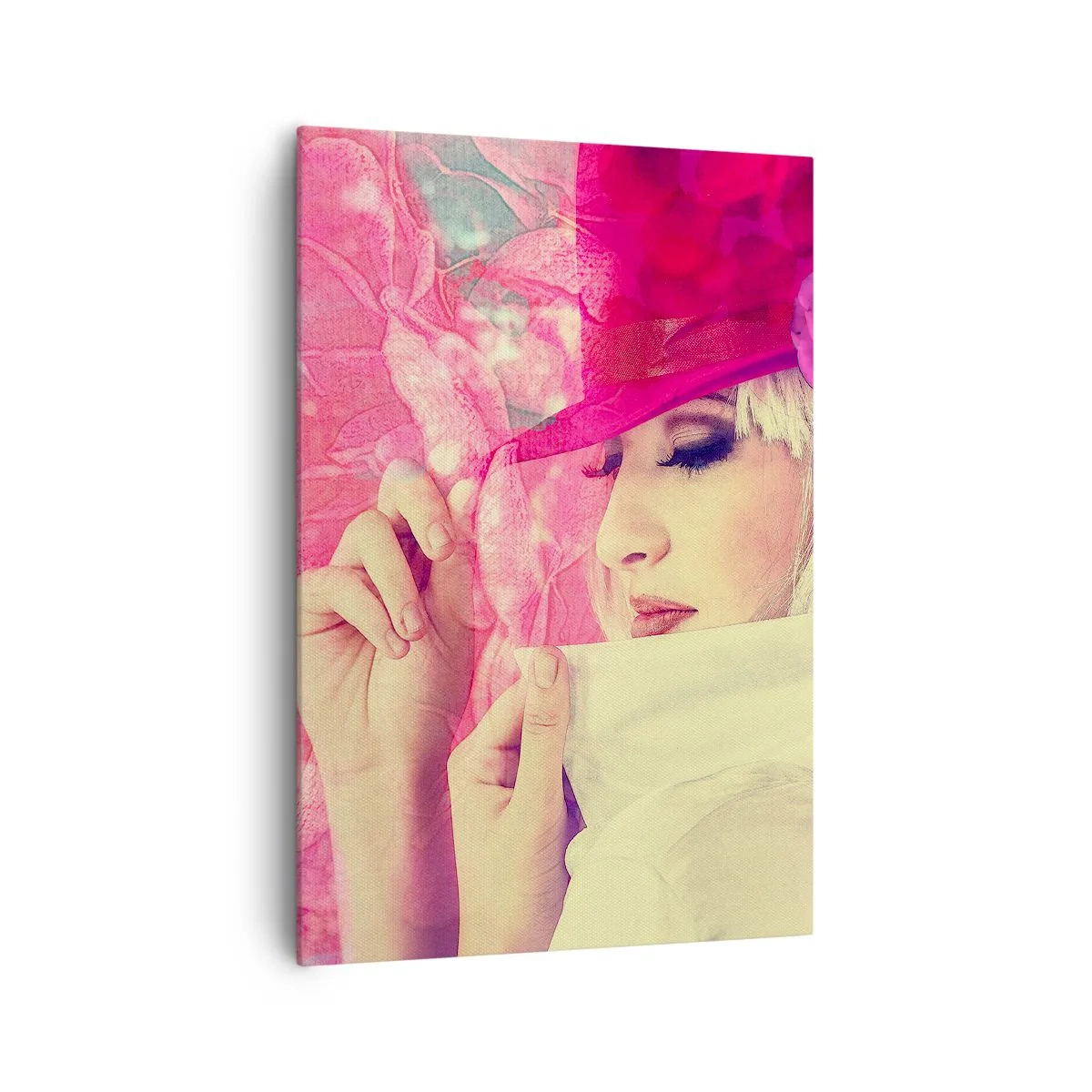 Impression sur toile - Image sur toile - Femme élégante avec un chapeau rose avec une fleur - 70x100cm - Portrait rétro dans une brume rose - Décoration murale moderne pour le salon et la chambre ARTTOR