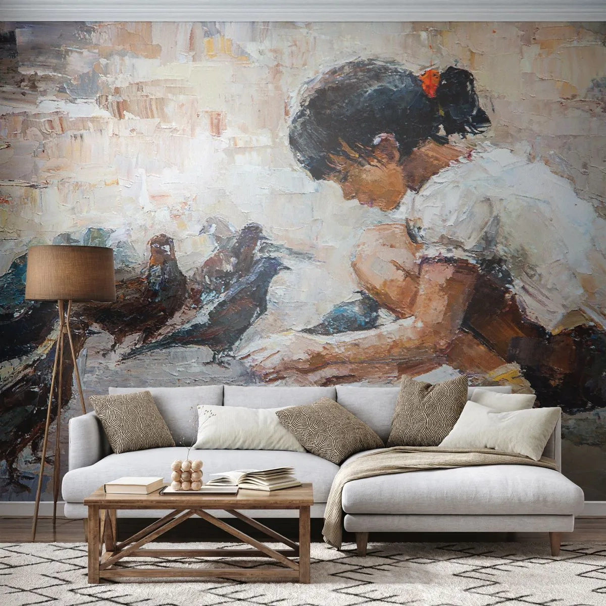 Papier Peint Photo Premium Canvas - Les plus petits et les plus gentils - Fille, Pigeonneau, Pour les enfants - 250x175 cm