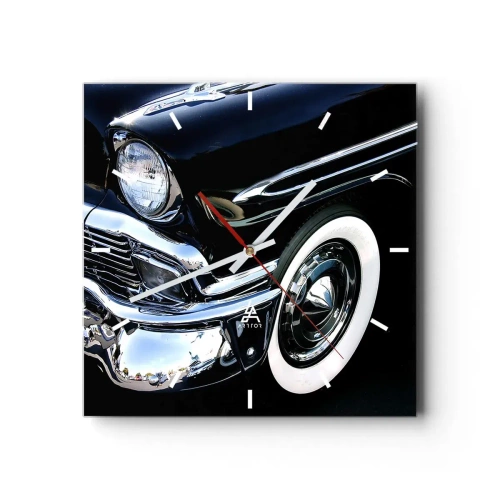 Horloge murale - Pendule murale - Gros plan du phare et du garde-boue d'une voiture classique noire - 30x30cm - Classique en argent, noir et blanc - Décoration murale moderne pour le salon et la chambre ARTTOR