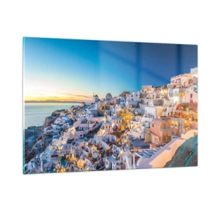 Impression sur verre - Image sur verre - Panorama de Santorin au coucher du soleil - 120x80cm - L'essence de la grecque - Décoration murale moderne pour le salon et la chambre ARTTOR