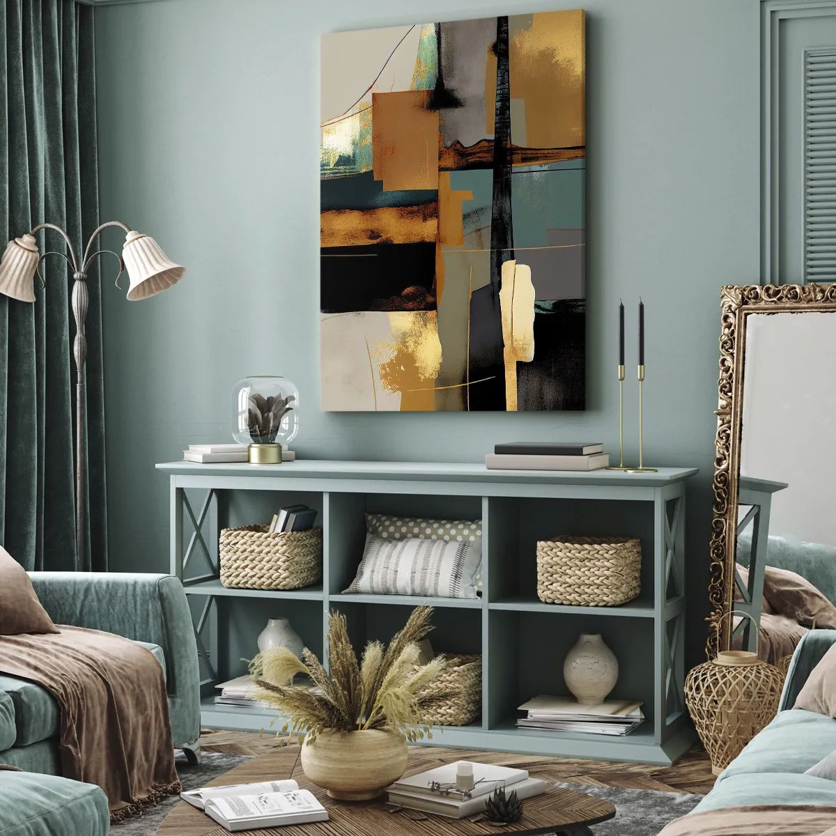 Impression sur toile - Image sur toile - Composition abstraite avec des éléments dorés et turquoise - 80x120cm - Abstraction – lumière et ombre - Décoration murale moderne pour le salon et la chambre ARTTOR