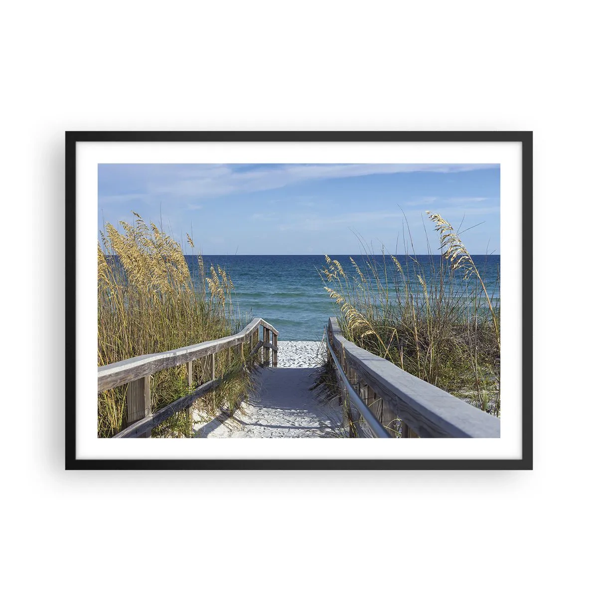 Affiche dans un cadre noir - Poster - Chemin vers la plage avec vue sur la mer - 70x50cm - Au soleil, sous le vent - Décoration murale moderne pour le salon et la chambre ARTTOR
