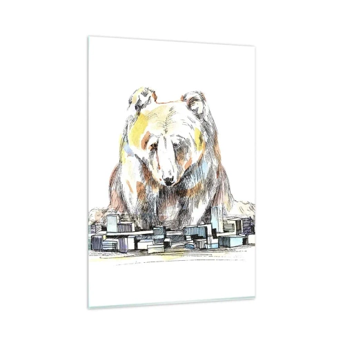 Impression sur verre - Image sur verre - Illustration d'un ours avec des détails et des blocs colorés - 80x120cm - Comment peut-on vivre ainsi ? - Décoration murale moderne pour le salon et la chambre ARTTOR