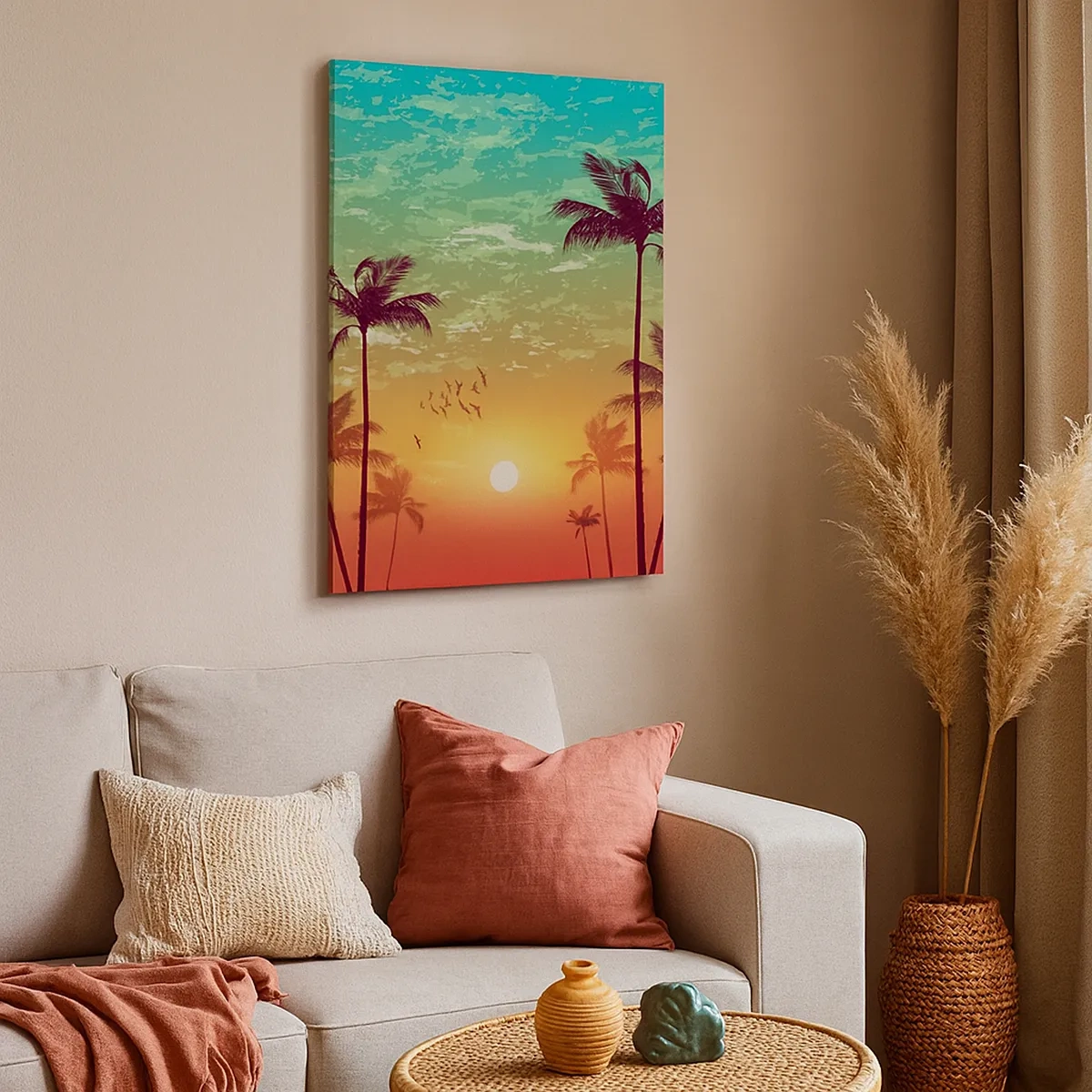 Impression sur toile - Image sur toile - Coucher de soleil avec des palmiers sur un ciel coloré - 50x70cm - Ambiance tropicale - Décoration murale moderne pour le salon et la chambre ARTTOR