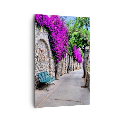 Impression sur toile - Image sur toile - Un chemin de pierre avec un banc et des fleurs violettes en fleurs - 80x120cm - Rencontrons-nous au plus vite - Décoration murale moderne pour le salon et la chambre ARTTOR