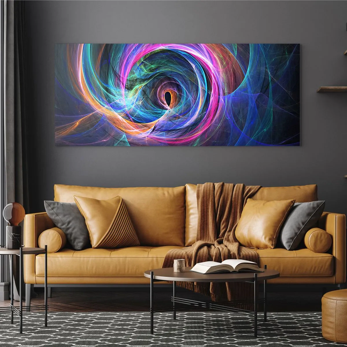 Impression sur verre - Image sur verre - Un tourbillon abstrait de couleurs dans des tons de violet, de rose et de bleu. - 160x50cm - Où m'emmènes-tu ? - Décoration murale moderne pour le salon et la chambre ARTTOR