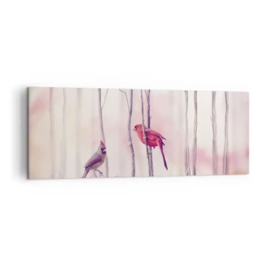 Impression sur toile - Image sur toile - Un couple de cardinaux perchés sur des branches dans un paysage pastel - 140x50cm - Conte de la forêt rose - Décoration murale moderne pour le salon et la chambre ARTTOR