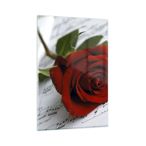 Impression sur verre - Image sur verre - Une rose rouge sur fond de notes de musique sur papier blanc. - 80x120cm - Musique des sentiments en écarlate - Décoration murale moderne pour le salon et la chambre ARTTOR