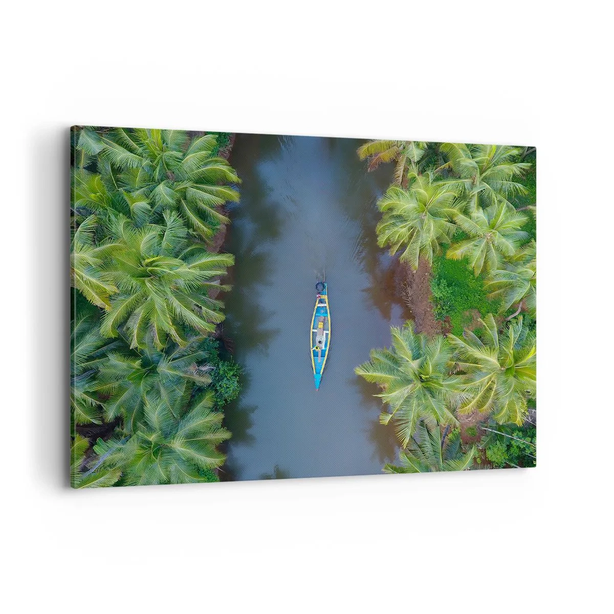 Impression sur toile - Image sur toile - Vue aérienne d'un bateau sur une rivière entourée de palmiers - 100x70cm - Sur un sentier tropical - Décoration murale moderne pour le salon et la chambre ARTTOR