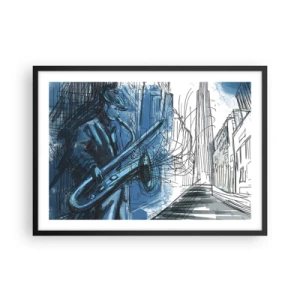 Affiche dans un cadre noir - Poster - Une silhouette jouant du saxophone sur fond de ville - 70x50cm - Rhapsodie urbaine - Décoration murale moderne pour le salon et la chambre ARTTOR