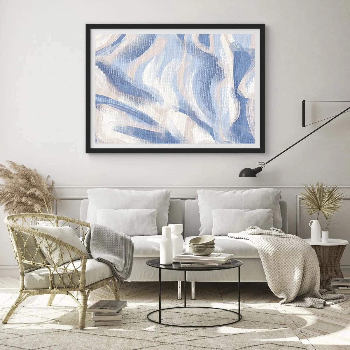 Affiche dans un cadre noir - Poster - Coups de pinceau abstraits dans des tons de bleu et de beige - 70x50cm - Vagues bleues - Décoration murale moderne pour le salon et la chambre ARTTOR