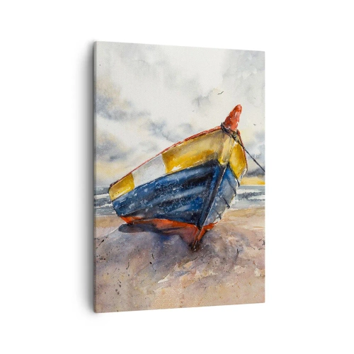 Impression sur toile - Image sur toile - Un bateau pittoresque sur la plage sous un ciel nuageux - 50x70cm - Repos sur le rivage - Décoration murale moderne pour le salon et la chambre ARTTOR