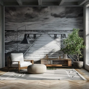 Papier Peint Autocollant Deluxe Sticker - J'attends que le vent, ça le chassera... - Paysage, Pont de bois, Mer - 350x256 cm