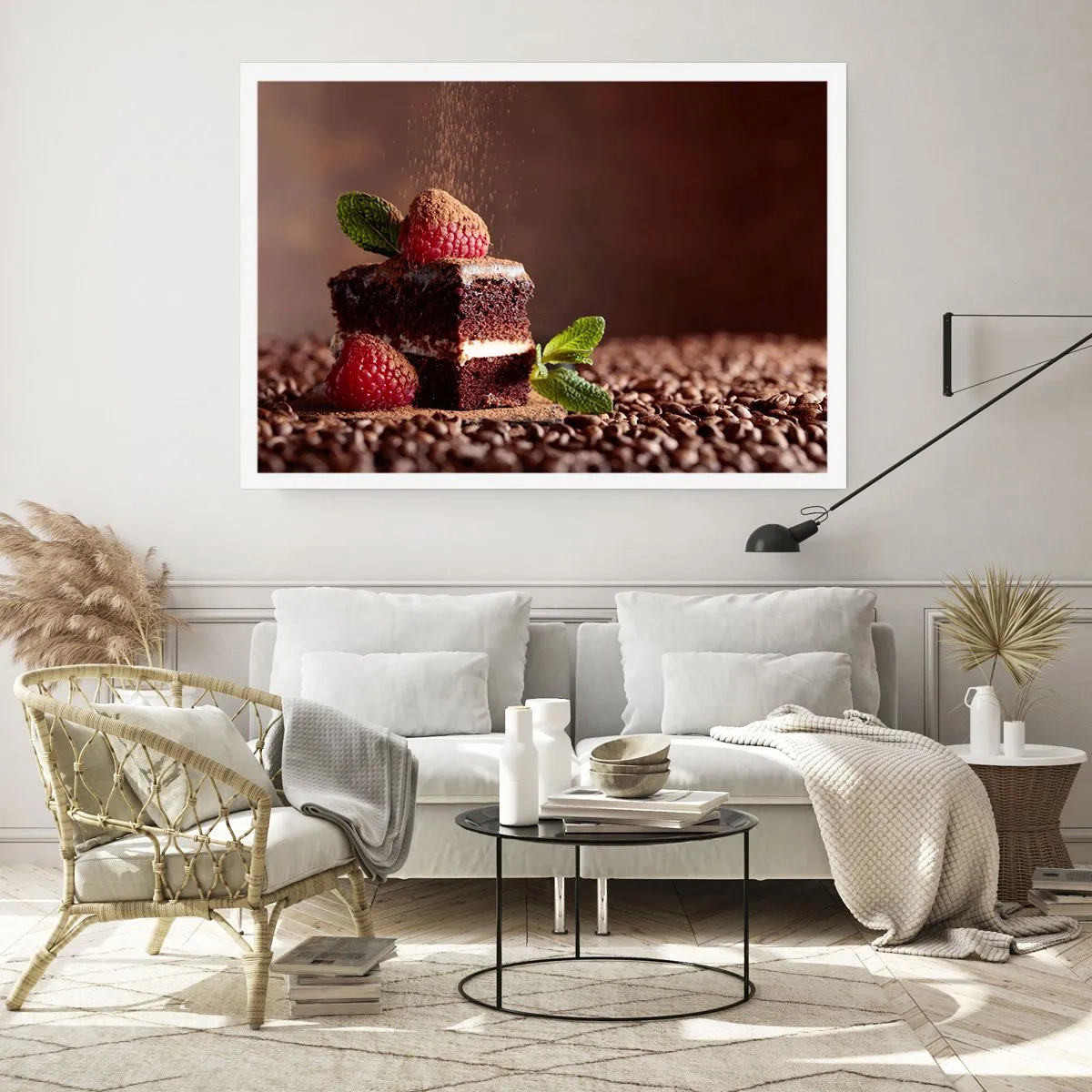 Affiche - Poster - Gâteau au chocolat aux framboises et à la menthe sur fond de fèves de cacao - 100x70cm - La vie est douce - Décoration murale moderne pour le salon et la chambre ARTTOR