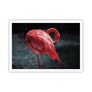 Affiche - Poster - Un flamant rose sur fond vert foncé - 100x70cm - Poème cramoisi de la nature - Décoration murale moderne pour le salon et la chambre ARTTOR
