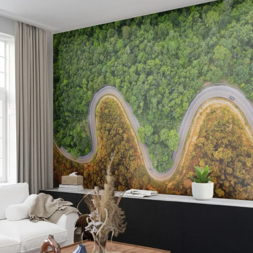 Papier Peint Photo Premium Sand - Vue aérienne d'une route sinueuse à travers une forêt verte et dorée - 100x70cm - Frontieres et differences - Décoration murale moderne pour le salon et la chambre ARTTOR