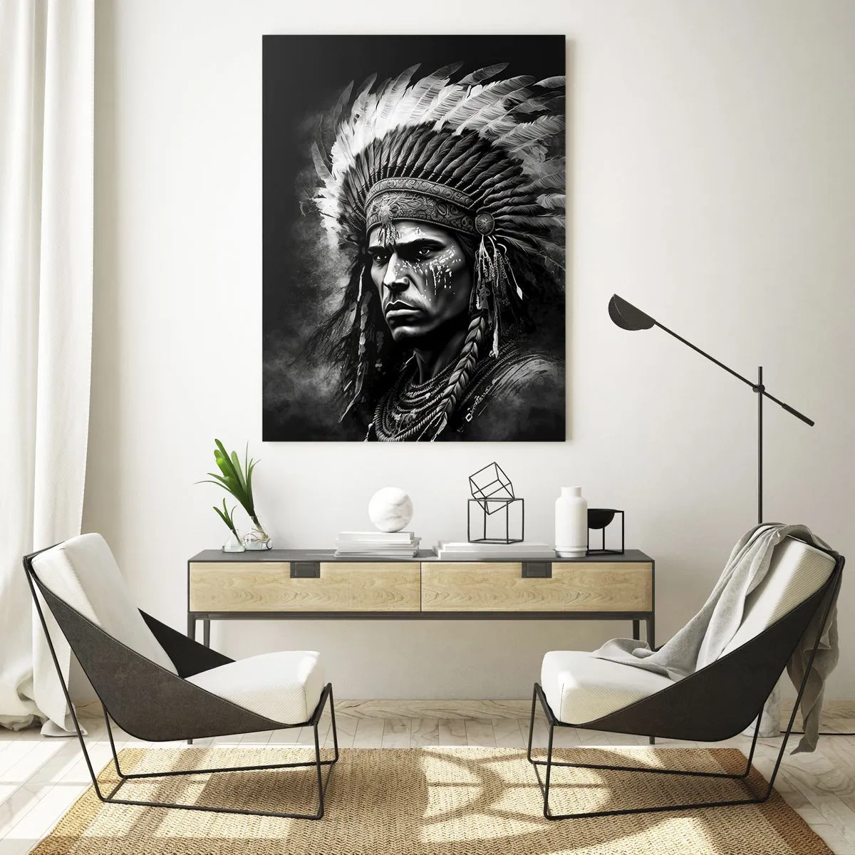 Impression sur verre - Image sur verre - Portrait en noir et blanc d'un guerrier avec une coiffe à plumes - 50x70cm - Un leader et un guerrier - Décoration murale moderne pour le salon et la chambre ARTTOR