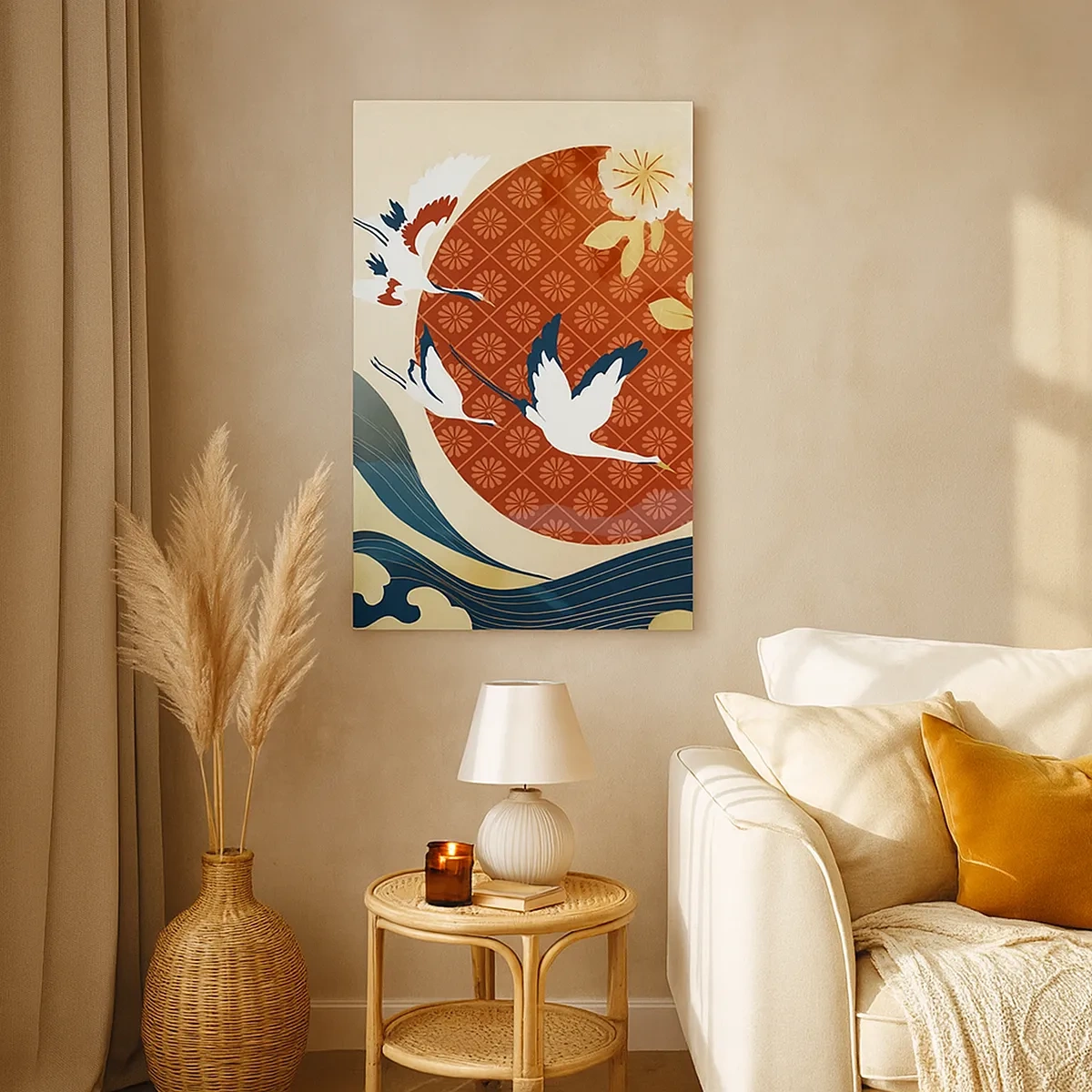 Impression sur toile - Image sur toile - Composition japonaise avec des grues et des vagues - 50x70cm - Conte japonnais - Décoration murale moderne pour le salon et la chambre ARTTOR