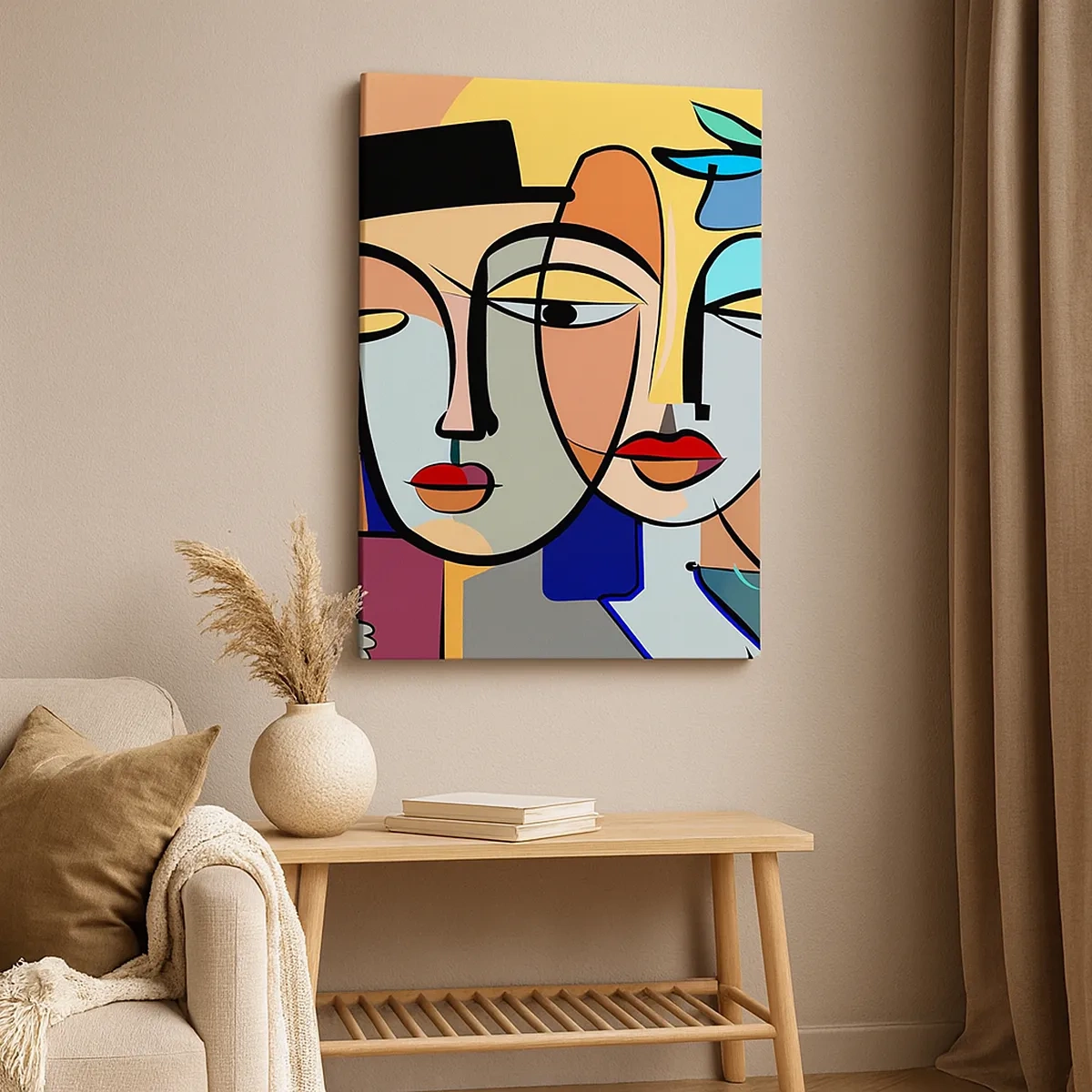 Impression sur toile - Image sur toile - Portraits cubistes aux couleurs vives avec un motif floral - 50x70cm - Le Rendez-vous de Picasso - Décoration murale moderne pour le salon et la chambre ARTTOR