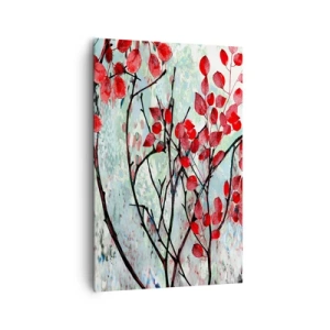 Impression sur toile - Image sur toile - Feuilles rouges sur un ciel lumineux avec des motifs abstraits - 80x120cm - Arbre en écarlate - Décoration murale moderne pour le salon et la chambre ARTTOR