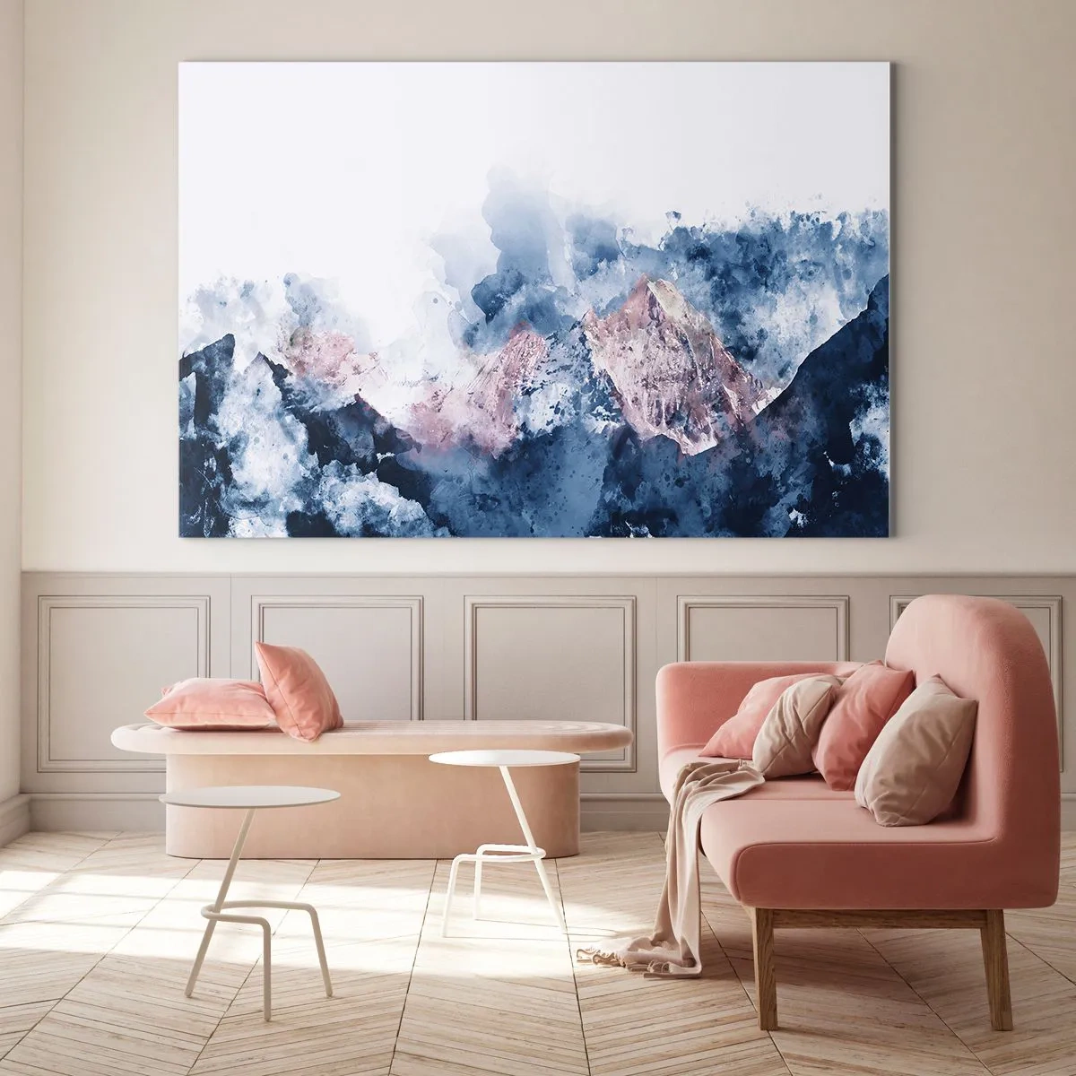 Impression sur verre - Image sur verre - Montagnes à l'aquarelle dans des tons pastel de bleu et de rose - 120x80cm - Ce sont des sommets ! - Décoration murale moderne pour le salon et la chambre ARTTOR