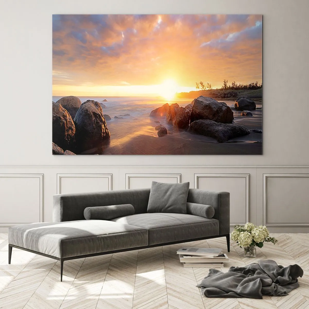 Impression sur verre - Image sur verre - Coucher de soleil sur la mer avec des pierres sur le rivage - 120x80cm - Brise lumineuse du soir - Décoration murale moderne pour le salon et la chambre ARTTOR