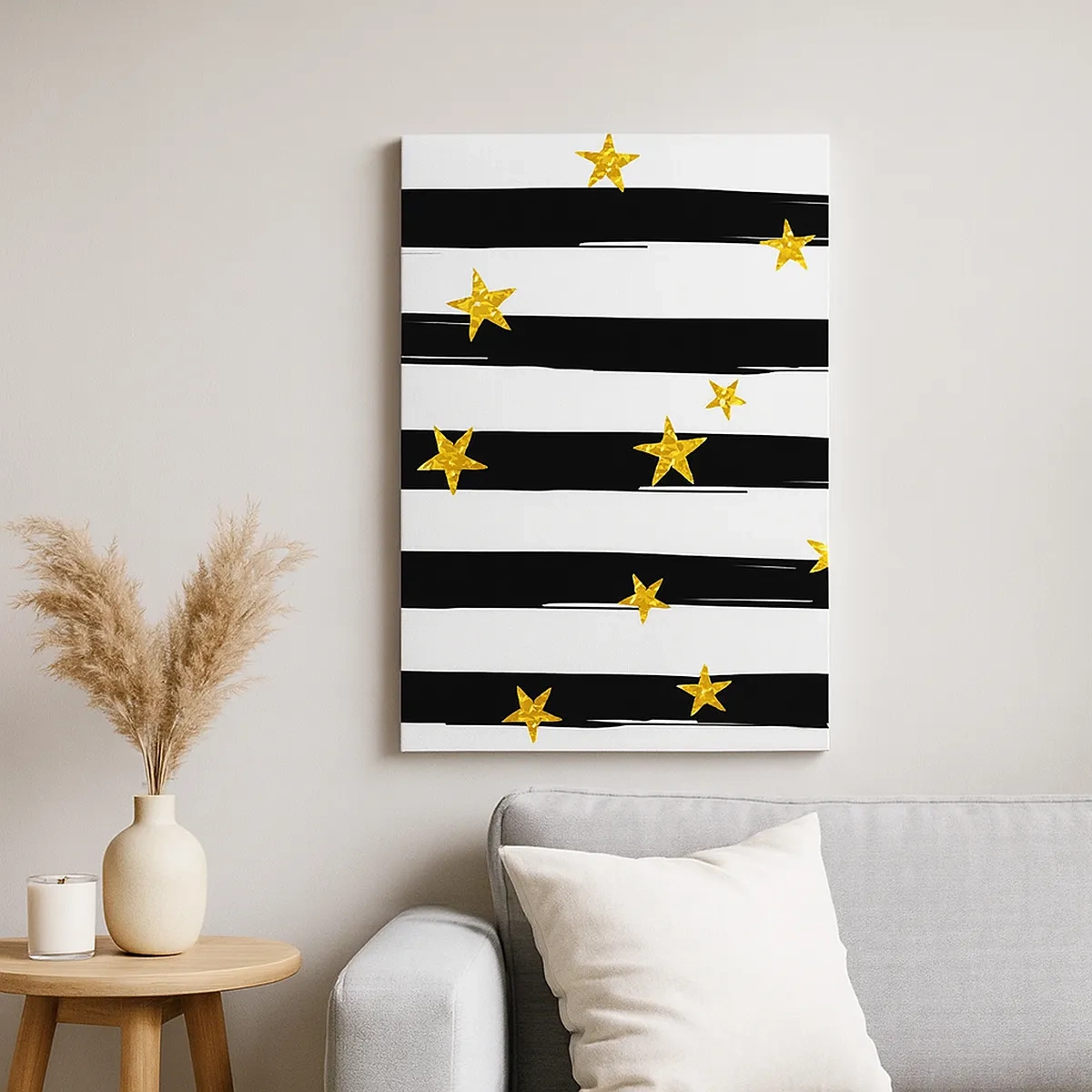 Impression sur toile - Image sur toile - Rayures noires et blanches avec étoiles dorées - 50x70cm - Nous sommes tous nés sous une bonne étoile - Décoration murale moderne pour le salon et la chambre ARTTOR